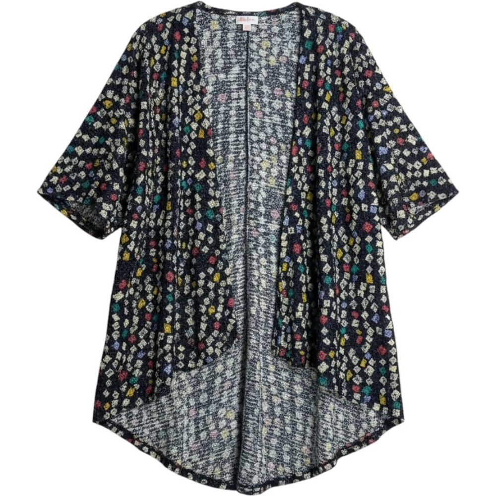 LuLaRoe Joy Vest Small Navy Blue Multicolor Geometric Diamond‎ Fuzzy Knit Duster